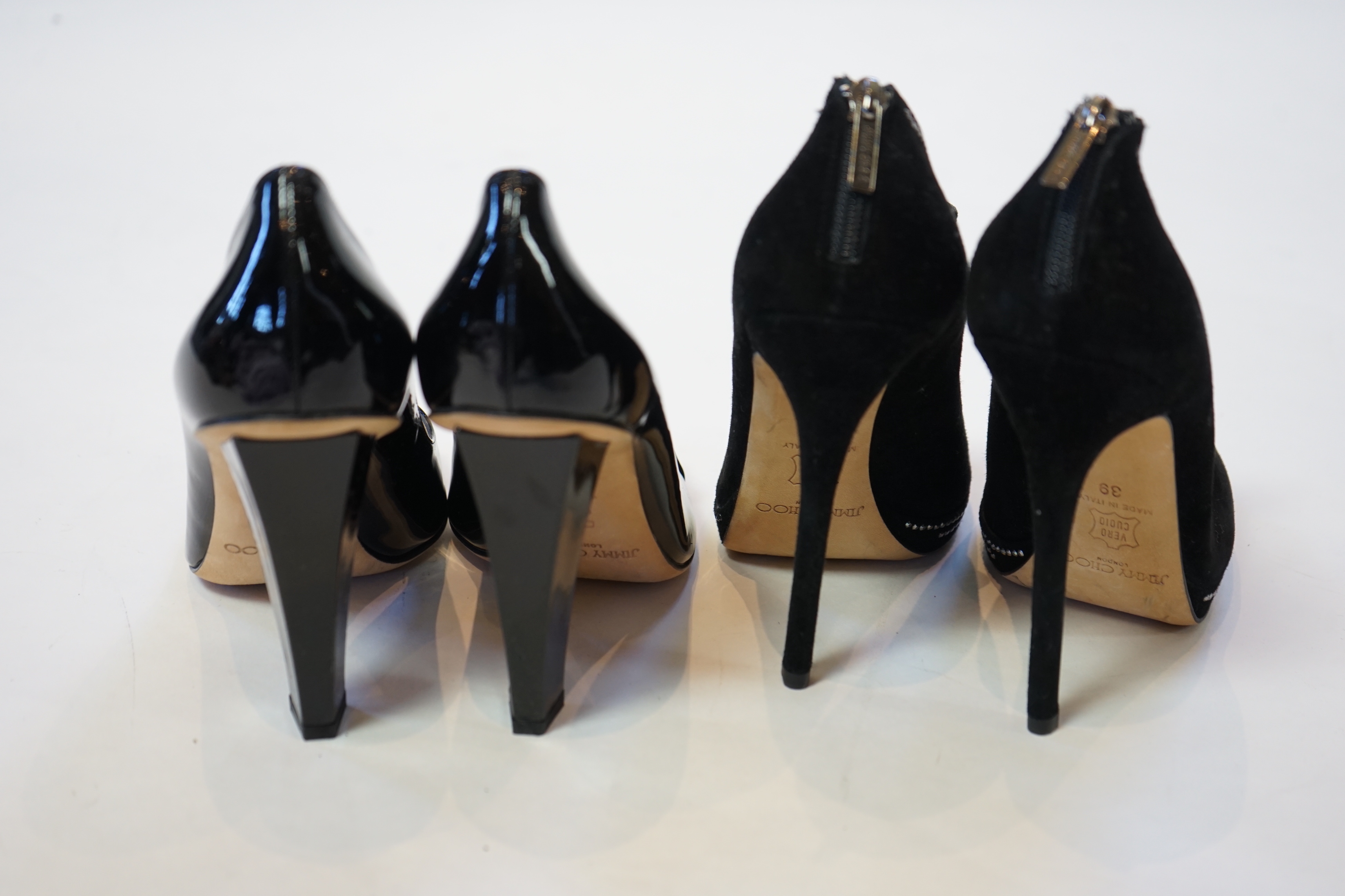 Two pairs of Jimmy Choo black lady's heeled open toe shoes, size EU 39